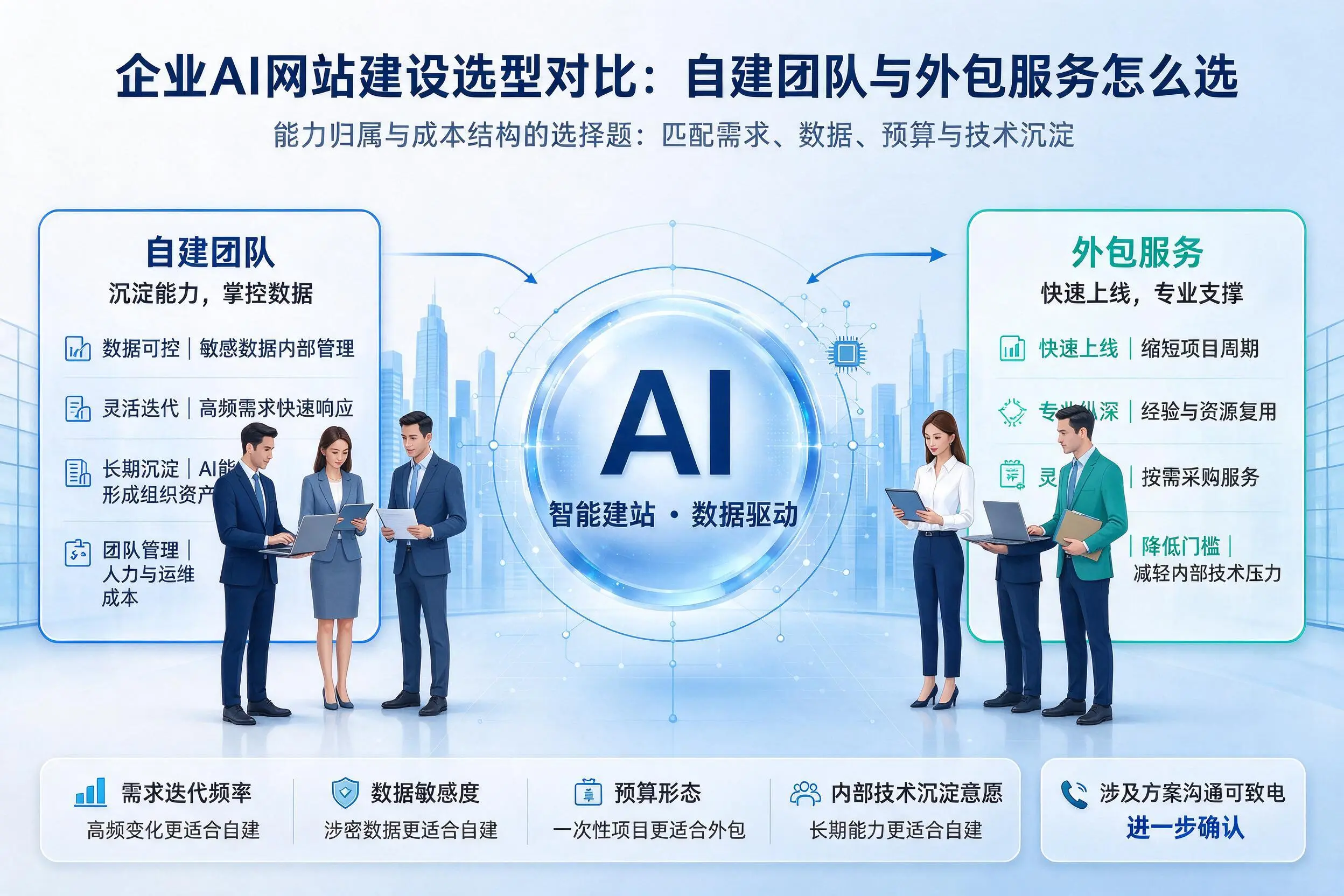 辽源企业AI网站建设选型对比：自建团队与外包服务怎么选
